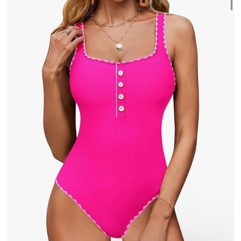 BMJL Women's‎ Hot Pink One Piece Swimsuit Button Detail Scallop Trim Square Neck